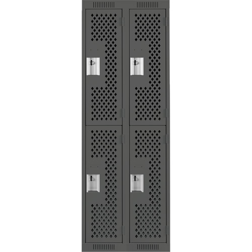 Clean Line Lockers, 2 -tier, Bank of 2, 24" x 15" x 72", Steel, Charcoal, Rivet (Assembled), Perforated Kelford