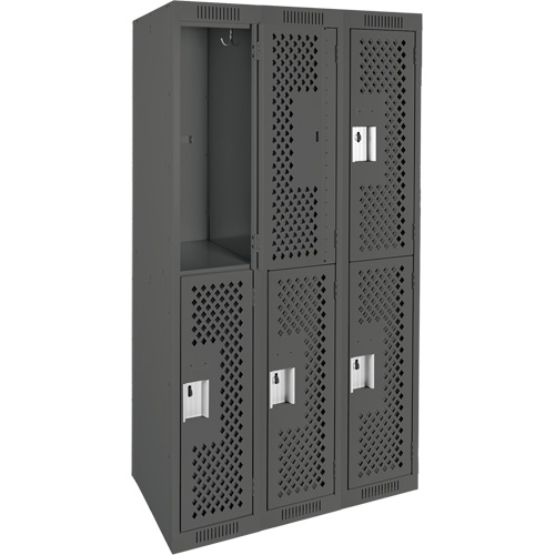 Clean Line Lockers, 2 -tier, Bank of 3, 36" x 15" x 72", Steel, Charcoal, Rivet (Assembled), Perforated Kelford