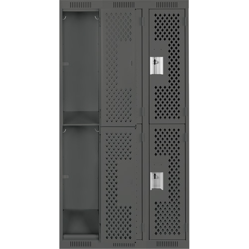 Clean Line Lockers, 2 -tier, Bank of 3, 36" x 15" x 72", Steel, Charcoal, Rivet (Assembled), Perforated Kelford