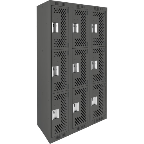 Clean Line Lockers, 3 -tier, Bank of 3, 36" x 12" x 72", Steel, Charcoal, Rivet (Assembled), Perforated Kelford