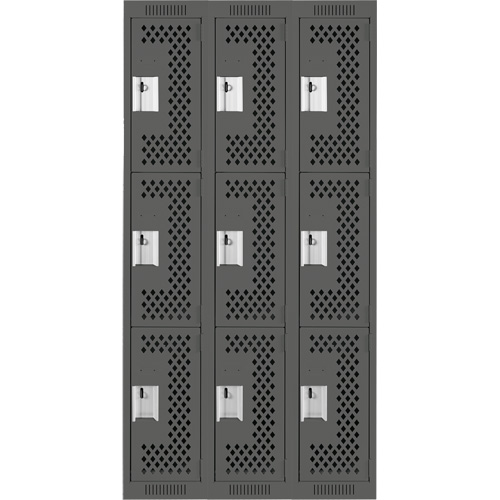 Clean Line Lockers, 3 -tier, Bank of 3, 36" x 12" x 72", Steel, Charcoal, Rivet (Assembled), Perforated Kelford