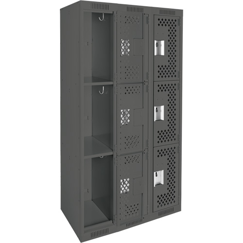 Clean Line Lockers, 3 -tier, Bank of 3, 36" x 12" x 72", Steel, Charcoal, Rivet (Assembled), Perforated Kelford