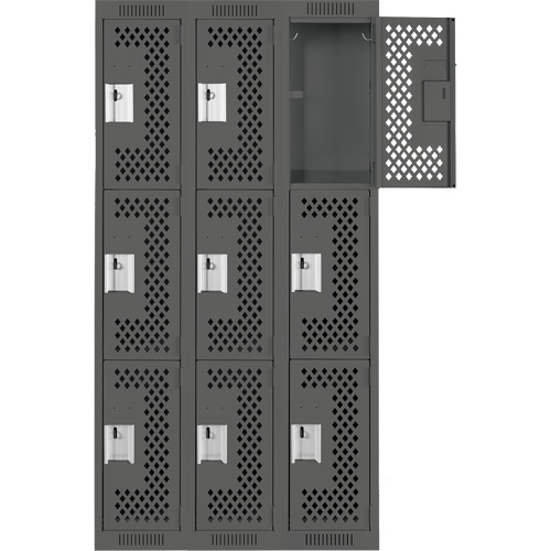Clean Line Lockers, 3 -tier, Bank of 3, 36" x 12" x 72", Steel, Charcoal, Rivet (Assembled), Perforated Kelford