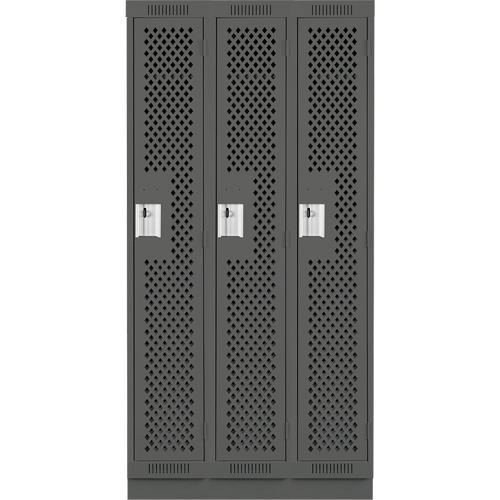 Clean Line Lockers, Bank of 3, 36" x 15" x 76", Steel, Charcoal, Rivet (Assembled), Perforated Kelford