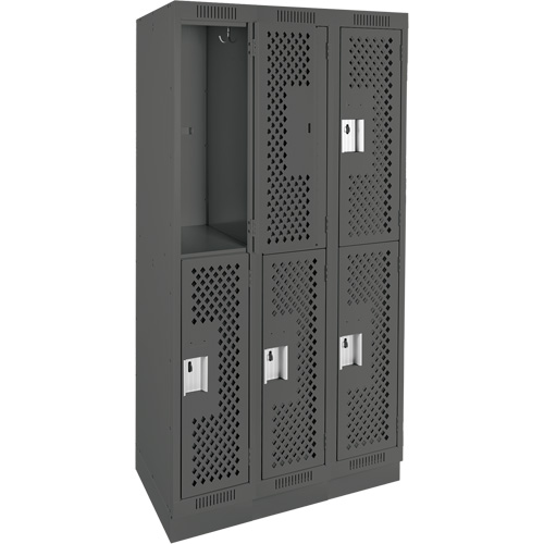 Clean Line Lockers, 2 -tier, Bank of 3, 36" x 15" x 76", Steel, Charcoal, Rivet (Assembled), Perforated Kelford