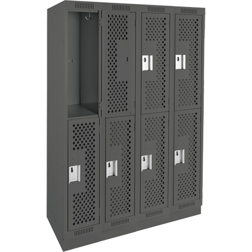Clean Line Lockers, 2 -tier, Bank of 4, 48" x 15" x 76", Steel, Charcoal, Rivet (Assembled), Perforated Kelford