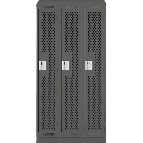 Clean Line Lockers, Bank of 3, 36" x 12" x 82", Steel, Charcoal, Rivet (Assembled), Perforated Kelford