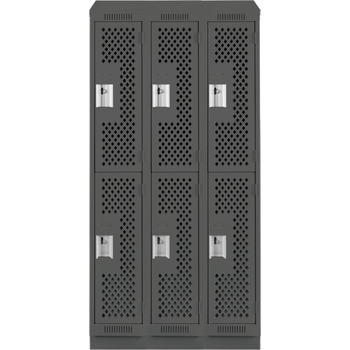 Clean Line Lockers, 2 -tier, Bank of 3, 36" x 15" x 82", Steel, Charcoal, Rivet (Assembled), Perforated Kelford