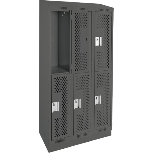 Clean Line Lockers, 2 -tier, Bank of 3, 36" x 15" x 82", Steel, Charcoal, Rivet (Assembled), Perforated Kelford