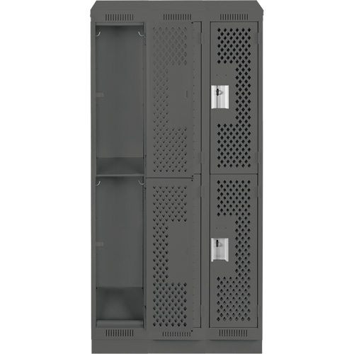 Clean Line Lockers, 2 -tier, Bank of 3, 36" x 15" x 82", Steel, Charcoal, Rivet (Assembled), Perforated Kelford