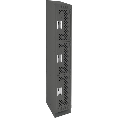 Clean Line Lockers, 3 -tier, 12" x 15" x 82", Steel, Charcoal, Rivet (Assembled), Perforated Kelford