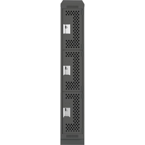 Clean Line Lockers, 3 -tier, 12" x 15" x 82", Steel, Charcoal, Rivet (Assembled), Perforated Kelford