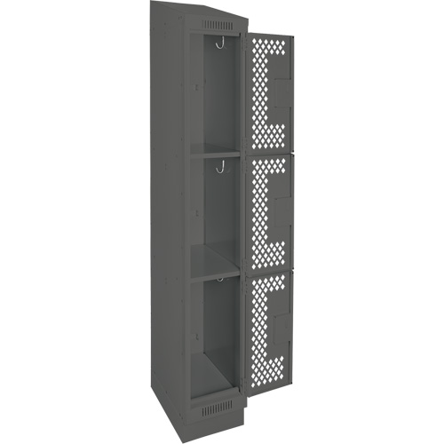 Clean Line Lockers, 3 -tier, 12" x 15" x 82", Steel, Charcoal, Rivet (Assembled), Perforated Kelford