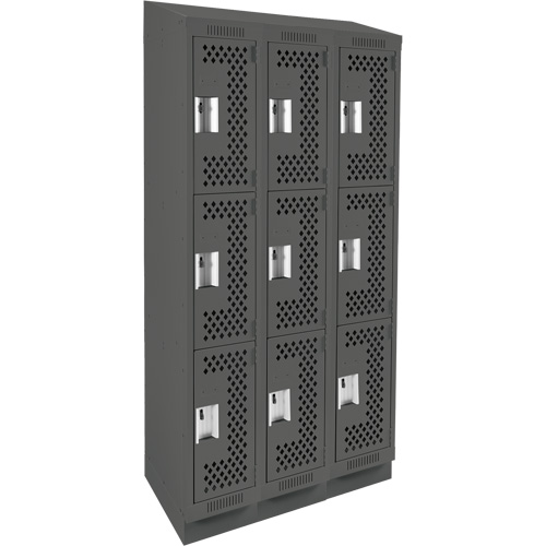 Clean Line Lockers, 3 -tier, Bank of 3, 36" x 15" x 82", Steel, Charcoal, Rivet (Assembled), Perforated Kelford