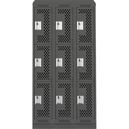 Clean Line Lockers, 3 -tier, Bank of 3, 36" x 15" x 82", Steel, Charcoal, Rivet (Assembled), Perforated Kelford