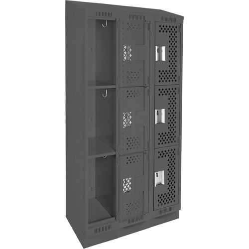 Clean Line Lockers, 3 -tier, Bank of 3, 36" x 15" x 82", Steel, Charcoal, Rivet (Assembled), Perforated Kelford