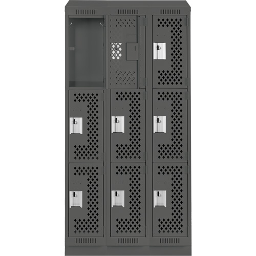 Clean Line Lockers, 3 -tier, Bank of 3, 36" x 15" x 82", Steel, Charcoal, Rivet (Assembled), Perforated Kelford