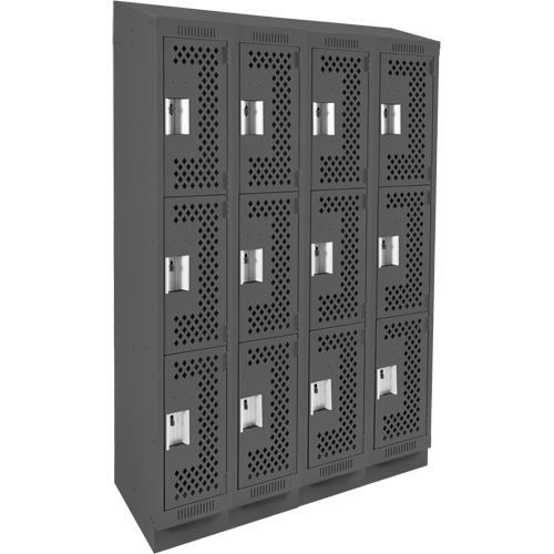 Clean Line Lockers, 3 -tier, Bank of 4, 48" x 15" x 82", Steel, Charcoal, Rivet (Assembled), Perforated Kelford