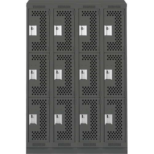 Clean Line Lockers, 3 -tier, Bank of 4, 48" x 15" x 82", Steel, Charcoal, Rivet (Assembled), Perforated Kelford