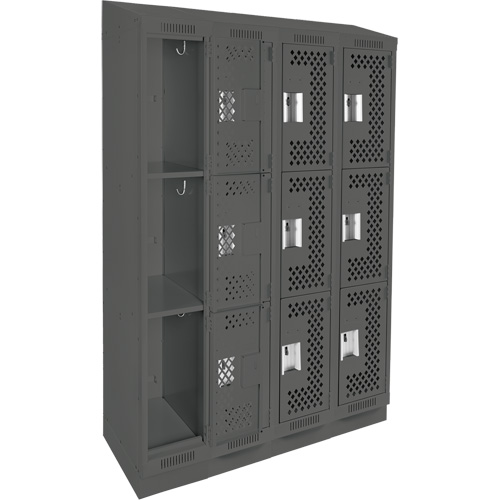 Clean Line Lockers, 3 -tier, Bank of 4, 48" x 15" x 82", Steel, Charcoal, Rivet (Assembled), Perforated Kelford
