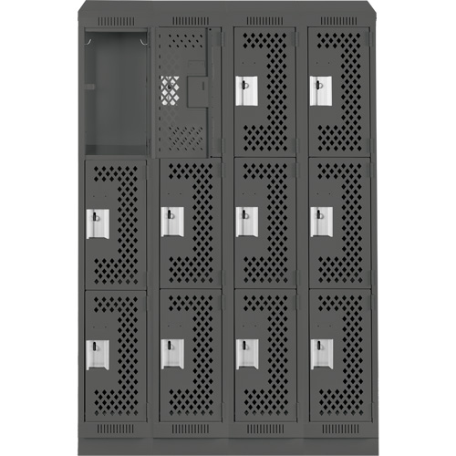 Clean Line Lockers, 3 -tier, Bank of 4, 48" x 15" x 82", Steel, Charcoal, Rivet (Assembled), Perforated Kelford