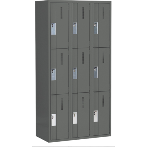 Concorde Heavy-Duty Lockers, 3 -tier, Bank of 3, 36" x 18" x 72", Steel, Charcoal, Welded (Assembled) Kelford