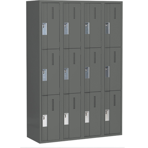 Concorde Heavy-Duty Lockers, 3 -tier, Bank of 4, 48" x 18" x 72", Steel, Charcoal, Welded (Assembled) Kelford