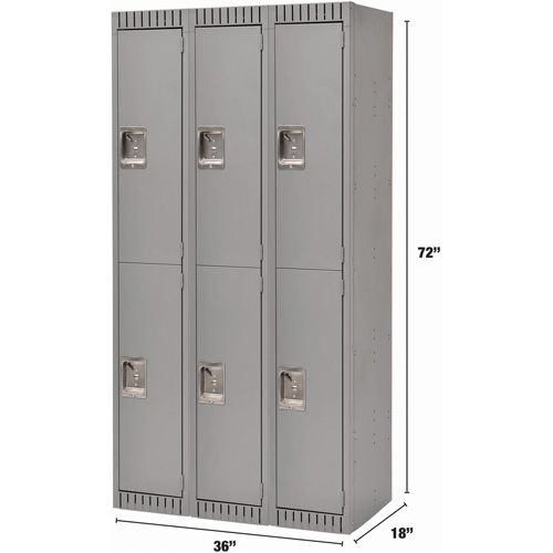 Lockers, 2 -tier, Bank of 3, 36" x 18" x 72", Steel, Grey, Knocked Down Kelford