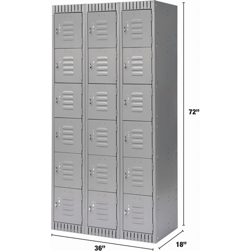 Lockers, 6 -tier, Bank of 3, 36" x 18" x 72", Steel, Grey, Knocked Down Kelford