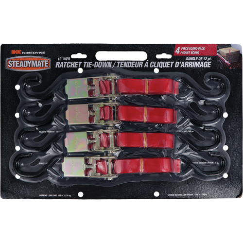 Ratchet Utility Straps, S-Hook, 1" W x 12' L, 500 lbs. (230 kg) Working Load Limit Kelford