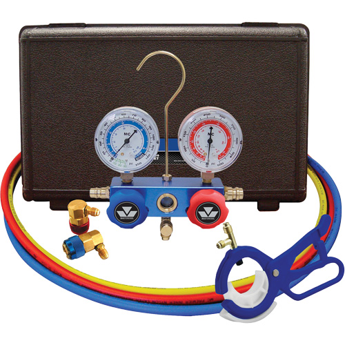 Automotive R134A 2-Way Manifold Gauge Set with 3-In-1 Side Mount Can Tap Valve Kelford