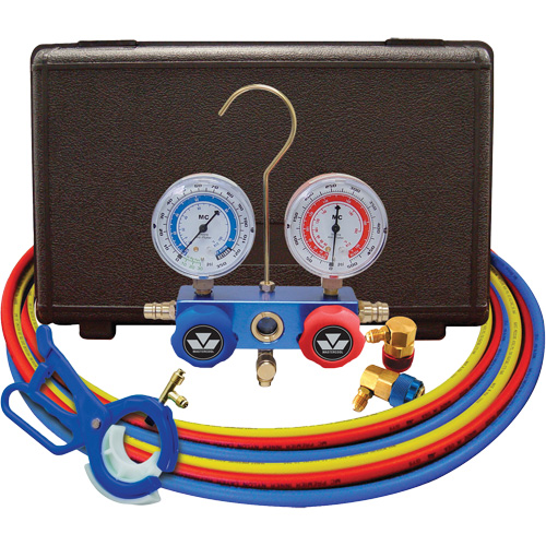 Dual Manifold Gauge Set with 3-in-1 Side Mount Can Tap Valve Kelford