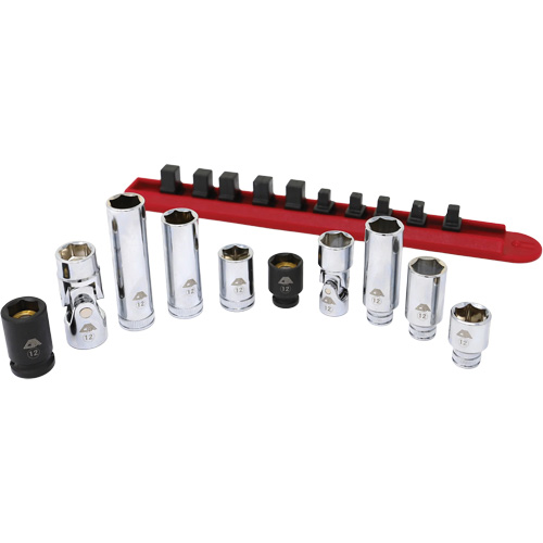 Jeu de douilles chrom&eacute;es avec rail, 10 Morceaux, Prise de 1/4"/3/8" Kelford