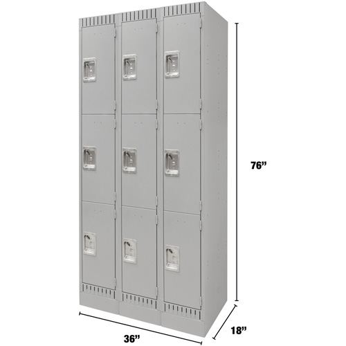 Lockers, 3 -tier, Bank of 3, 36" x 18" x 76", Steel, Grey, Knocked Down Kelford
