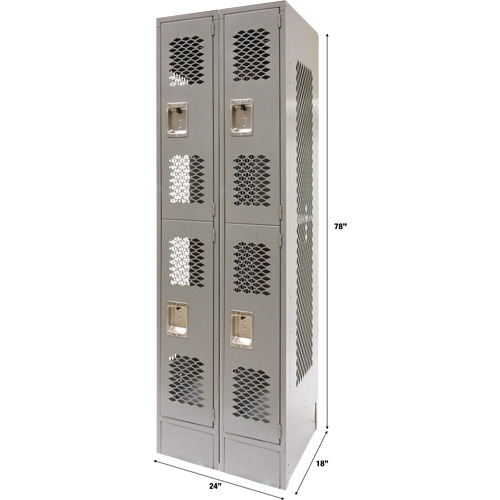 Vented Lockers, 2 -tier, Bank of 2, 24" x 18" x 78", Steel, Grey, Knocked Down, Perforated Kelford