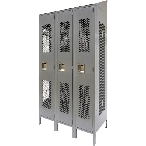 Vented Lockers, Bank of 3, 36" x 18" x 88", Steel, Grey, Knocked Down, Perforated Kelford