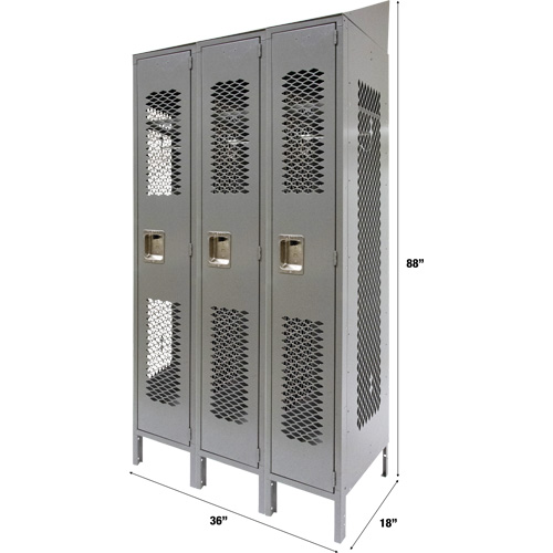 Vented Lockers, Bank of 3, 36" x 18" x 88", Steel, Grey, Knocked Down, Perforated Kelford