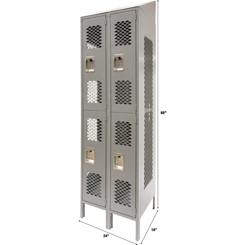 Vented Lockers, 2 -tier, Bank of 2, 24" x 18" x 88", Steel, Grey, Knocked Down, Perforated Kelford