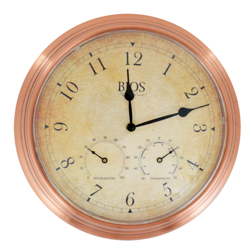 Horloge ext&eacute;rieure 3 en 1, Analogique, &agrave; piles, 14" dia., Brun Kelford