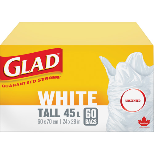 Tall 45L Unscented Garbage Bags, Regular, 24" W x 28" L, White Kelford