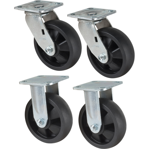 Caster Set, Rigid/Swivel, 6" (152.4 mm), Nylon, 2400 lbs. (1089 kg.) Kelford