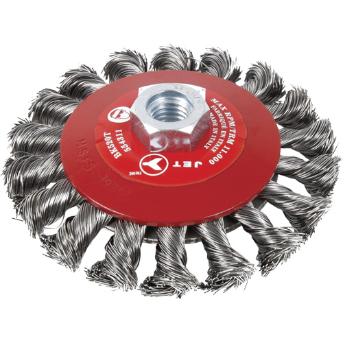 Brosse conique &agrave; fils nou&eacute;s torsad&eacute;s, Dia. 6", Fils 0,02", Arbre 5/8"-11, Acier Kelford