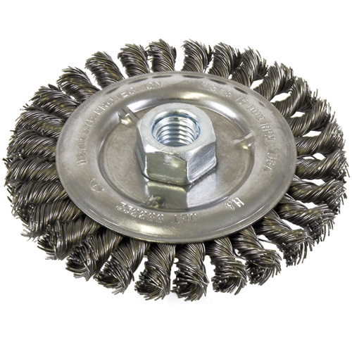 Brosse filet&eacute;e &agrave; fils nou&eacute;s et face standard, Dia. 5", Fils 0,022", Arbre 5/8"-11, Acier Kelford