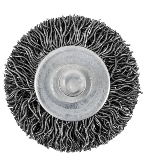 Brosse radiale &agrave; fils cr&ecirc;p&eacute;s mont&eacute; sur mandrin 126, 1-1/2", Fils 0,02", Tige 1/4" Kelford