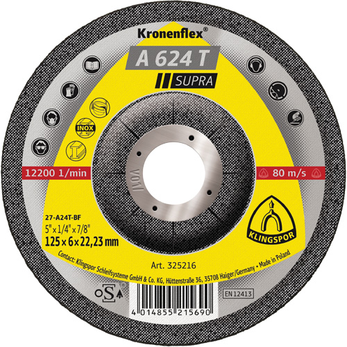 Disque de meulage A 624 T Supra Kronenflex, 5" x 1/4", Arbre 7/8" Kelford
