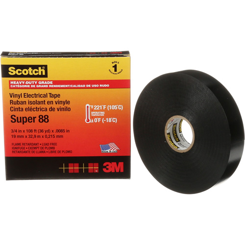Scotch&reg; Super 88 Professional-Grade  Electrical Tape, 19 mm (3/4") W x 32.9 m (108') L, 8.5 mils, Black Kelford