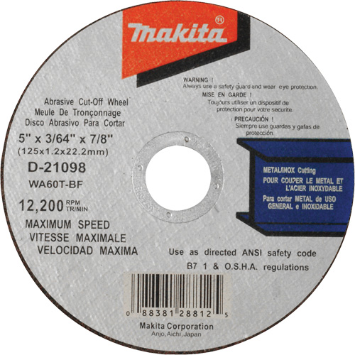 Thin Kerf Cut-Off Wheel, 5" x 3/64", 7/8" Arbor, Type 1, Aluminum Oxide, 12200 RPM Kelford