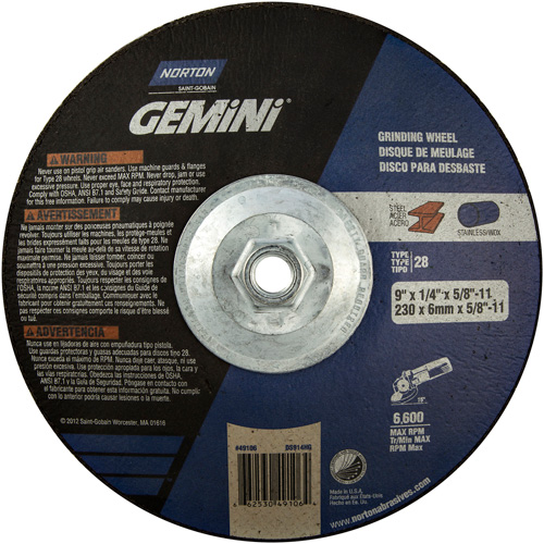 Meule soucoupes Gemini, 9" x 1/4", Arbre 5/8"-11, Oxyde d'aluminium, Type 28 Kelford