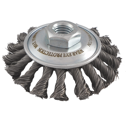 Brosses soucoupes &agrave; fils nou&eacute;s, Dia. 5", Fils 0,02", Arbre 5/8"-11, Acier Kelford