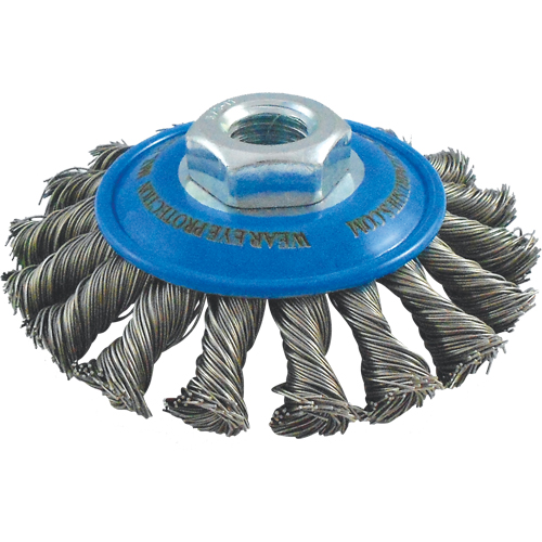 Brosses soucoupes &agrave; fils nou&eacute;s, Dia. 5", Fils 0,02", Arbre 5/8"-11, Acier inoxydable Kelford